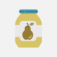 Pear jam in the jar flat icon. Baby food fruit pure. Home made cider, alcohol drink. Organic juice preserve. Vector illustration