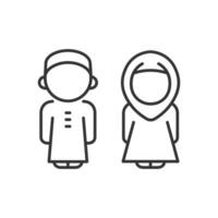 Saudi children line icon. Arabic kids in traditional dress. Middle East boy and girl silhouette. Muslim young people. Vector illustration on white background