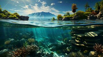 Underwater view of tropical paradise fish and corals. The concept of diving and vacation in nature. AI generated photo