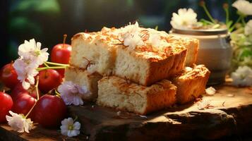 Fresh delicious apple pie charlotte pastry lies on the table in the cafe bakery selective focus blurred background. AI generated photo