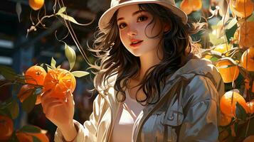 A beautiful girl in an orange orchard holds an orange in her hand. AI generated photo