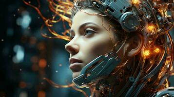 Connection of human woman and artificial intelligence robot. The concept of merging a person and a computer with neural networks in the future. AI generated photo