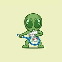 cute cartoon alien playing badminton vector