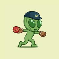 cute cartoon alien playing cricket vector