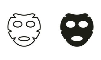 Facial Skin Mask Line and Silhouette Black Icon Set. Cosmetic Hygiene Skin Care Pictogram. Beauty SPA Face Mask. Dermatology Skincare Treatment Symbol Collection. Isolated Vector Illustration.