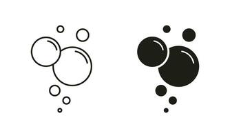 Soda, Foam, Champagne Drops Line and Silhouette Black Icon Set. Bubble Soap Pictogram. Air Oxygen Symbol Collection. Underwater Ball. Clean Water, Clear Aqua. Sphere Isolated Vector Illustration.