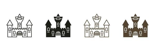 Vampire Dracula Castle Line and Silhouette Icon Set. Scary Dark Old Building for Halloween Celebration Black and Color Symbols. Gothic Spooky House Pictogram. Isolated Vector Illustration.