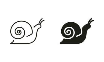 Snail Line and Silhouette Icon Set. Slug in Shell Crawl Pictogram. Helix Slow, Cute Escargot Moving. Slimy Eatable Spiral Mollusk Symbol Collection. Wildlife Concept. Isolated Vector Illustration.