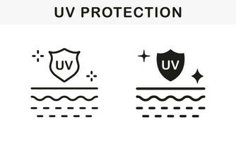 Sun Shield for Protection Skin of UV Rays Line and Silhouette Black Icon Set. Skin Care and SPF Cream. Block Solar Light and Ultraviolet Radiation Symbol Collection. Isolated Vector Illustration.