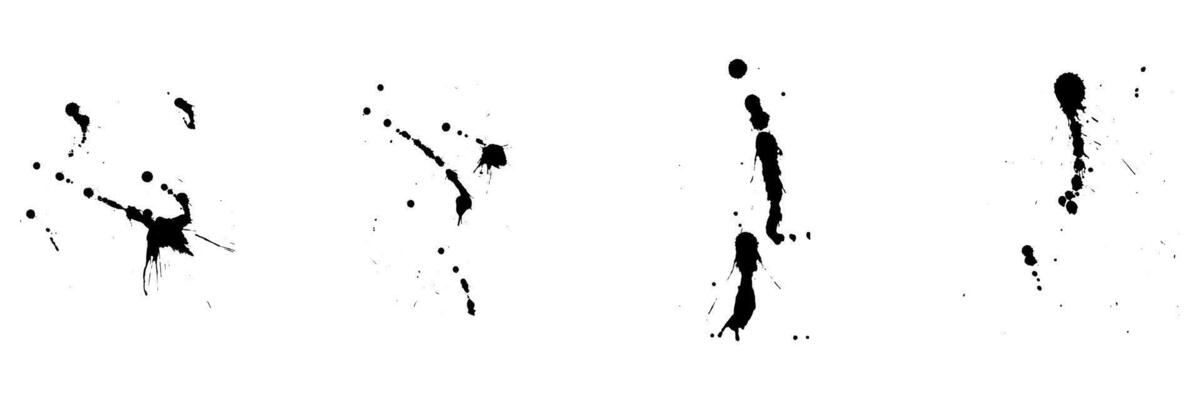 Abstract Spatter Collection. Black Paint Brush Splatter. Dirty Inkblot Set. Paintbrush Splotch. Ink Splash, Stain Texture Effect. Rough Splat. Grunge Design Element. Isolated Vector Illustration.