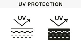 piel cuidado, spf crema para piel. reflejar Dom ultravioleta rayos pictograma. proteccion piel desde uv rayos línea y silueta icono colocar. bloquear solar ligero símbolo recopilación. aislado vector ilustración.