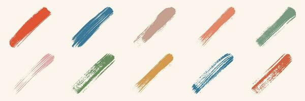 Brushstroke Color Set. Paint Brush Stroke. Watercolor Stain, Splash Collection. Grimy Texture. Long Blotch, Ink Scribble, Paintbrush Splatter. Abstract Design Element. Isolated Vector Illustration.