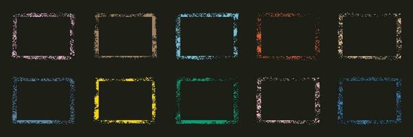 Rough Texture Color Frame Set. Grunge Border Collection on Black Background. Blank Retro Frame. Rectangle Paint Spray. Abstract Design. Edge with Splash Effect. Isolated Vector Illustration.