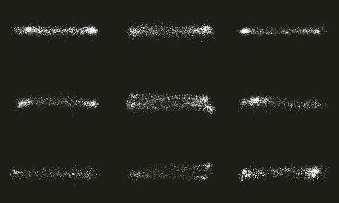 Grunge Spray Paint Stroke Set. White Stain Collection, Splatter Dotted. Grainy Splash Brushstroke. Spatter Ink, Line Paintbrush. Abstract Graphic Design Element. Isolated Vector Illustration.