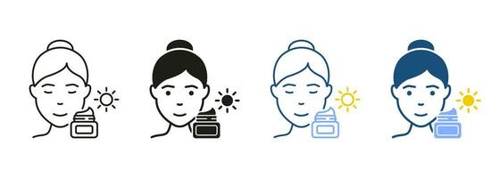 Day Cream for Woman Skin Pictogram. Girl Use Sunscreen, Sun Block Cream Line and Silhouette Icon Set. Protection Skin of UV Rays Black and Color Symbol Collection. Isolated Vector Illustration.