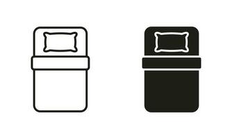 Single Bed Line and Silhouette Black Icon Set. Single Room in Hotel, Motel, Hostel Sign. Type of Bed. Pillow and Blanket Symbol Collection on White Background. Isolated Vector Illustration.