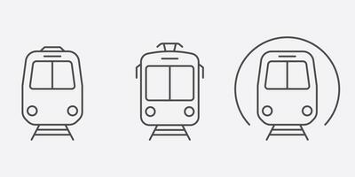 tren, tranvía, metro estación línea icono colocar. ferrocarril público transporte pictograma. eléctrico tranvía, subterraneo contorno signo. la carretera tráfico símbolo recopilación. editable ataque. aislado vector ilustración.