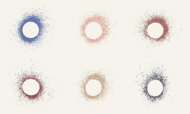 Frame Set in Circle Shape, Color Ink Splatter. Spray Stencil Collection. Dirty Border, Paint Brush Texture. Blank Round Stain. Abstract Design Element. Isolated Vector Illustration.