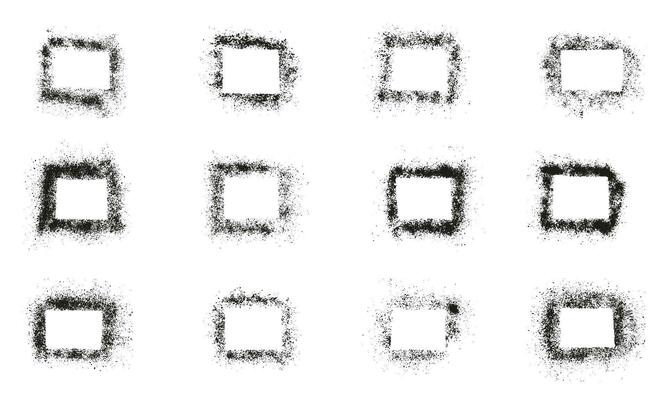 Square Frame Spray with Grainy Texture Set. Grunge Border in Rectangle Shape Collection. Paint Brush Grain on White Background. Black Abstract Graphic Design Element. Isolated Vector Illustration.