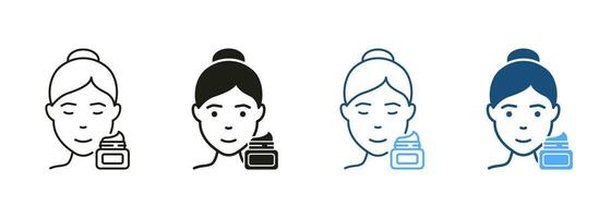 Moisturizing Cream for Skin Line and Silhouette Icon Set. Use Sunscreen Symbol Collection. Woman Use Daily or Night Cream, Gel, Foam, Mousse or Soap Pictogram. Isolated Vector Illustration.