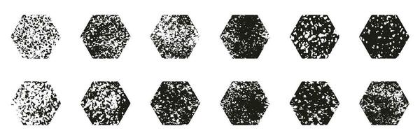 hexágono forma grunge colocar. Clásico negro hexagonal manchar recopilación. áspero textura geometría estampilla. resumen retro granoso diseño elemento. aislado vector ilustración.
