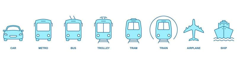 Public Transportation Line Icon Set. Vehicle Transport Color Symbol Collection. Car, Train, Bus, Plane, Ship, Bike Linear Pictogram. Traffic Sign. Editable Stroke. Isolated Vector Illustration.