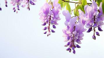 Photo of beautiful Wisteria flower isolated on white background. Generative AI