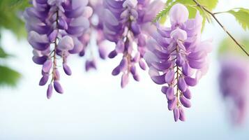 Photo of beautiful Wisteria flower isolated on white background. Generative AI