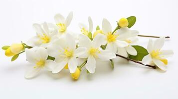 Photo of beautiful Winter Jasmine flower isolated on white background. Generative AI