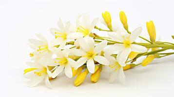 Photo of beautiful Winter Jasmine flower isolated on white background. Generative AI