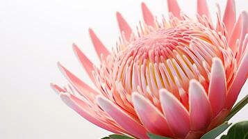 Photo of beautiful Protea flower isolated on white background. Generative AI