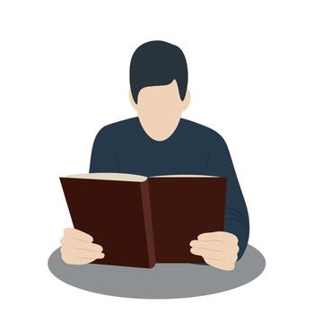 Portrait of a guy holding an open book with two hands, flat vector isolated on white, faceless illustration, guy reading