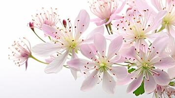 Photo of beautiful Meadow Rue flower isolated on white background. Generative AI