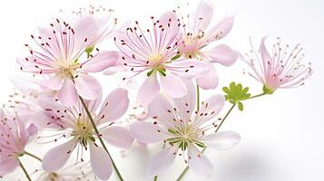 Photo of beautiful Meadow Rue flower isolated on white background. Generative AI