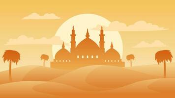 Islamic landscape vector illustration. Mosque silhouette in the desert with palm tree. Background landscape for islam religion and muslim faith. Wallpaper design of desert with mosque and sun