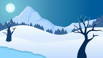 invierno paisaje vector ilustración. invierno antecedentes con congelado lago y muerto árbol. silueta de frío temporada paisaje para fondo, fondo de pantalla, monitor o aterrizaje página. nieve paisaje con pino