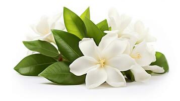 Photo of beautiful Jasmine flower isolated on white background. Generative AI