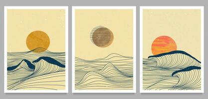 Oceano ola paisaje ilustraciones en colocar. creativo minimalista moderno línea Arte impresión. resumen contemporáneo estético antecedentes paisajes con Oceano ola, mar y puesta de sol vector