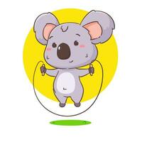 Cute koala bear cartoon character jumping rope. Adorable kawaii animal vector illustration. Isolated white background.