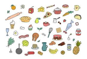 Cooking doodles, kitchen elements vector set. Cute colorful doodle illustrations collection of utensils, kitchenware, food, meal ingredients. Outline fruits, vegetables, bakery, cookware