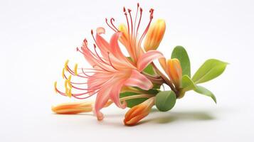 Photo of beautiful Honeysuckle flower isolated on white background. Generative AI