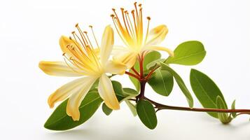 Photo of beautiful Honeysuckle flower isolated on white background. Generative AI