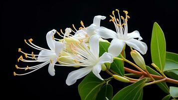 Photo of beautiful Honeysuckle flower isolated on white background. Generative AI