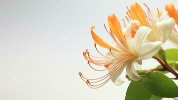Photo of beautiful Honeysuckle flower isolated on white background. Generative AI