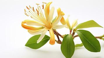 Photo of beautiful Honeysuckle flower isolated on white background. Generative AI