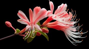 Photo of beautiful Honeysuckle flower isolated on white background. Generative AI