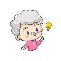 Cute Grand mother show idea with light bulb sign cartoon character. People expression concept design. Isolated background. Vector art illustration.