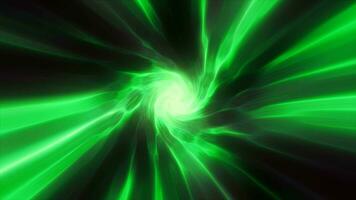 Green hypertunnel spinning speed space tunnel made of twisted swirling energy magic glowing light lines abstract background video