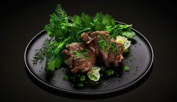 grilled beef fillet steaks with herbs and spices on dark background. Ai Generative photo