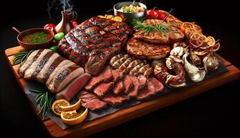 grilled beef fillet steaks with herbs and spices on dark background. photo